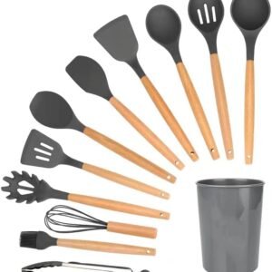 Silicone & Wooden Cooking Utensils Set for Nonstick Cookware.