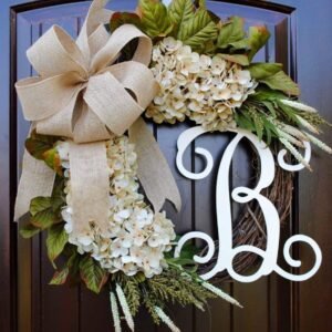 Initial Front Door Wreath with Choice of Bow and Cream Hydrangeas on Grapevine